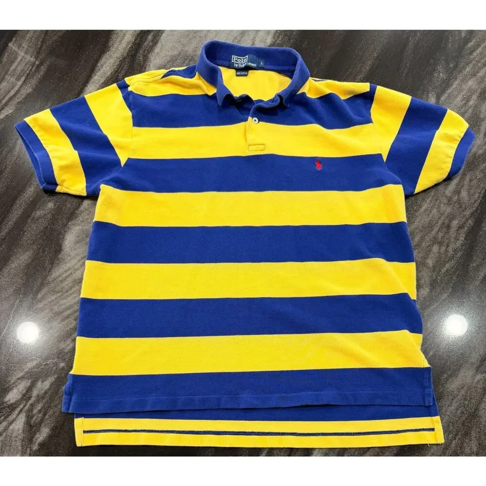 Ralph Lauren Polo Shirt Large Blue Yellow Rugby Stripe Red Pony Cotton Vintage